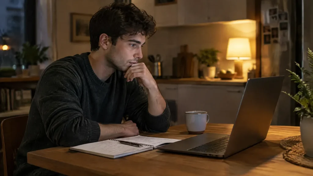 Man following an online course on a laptop at his kitchen table