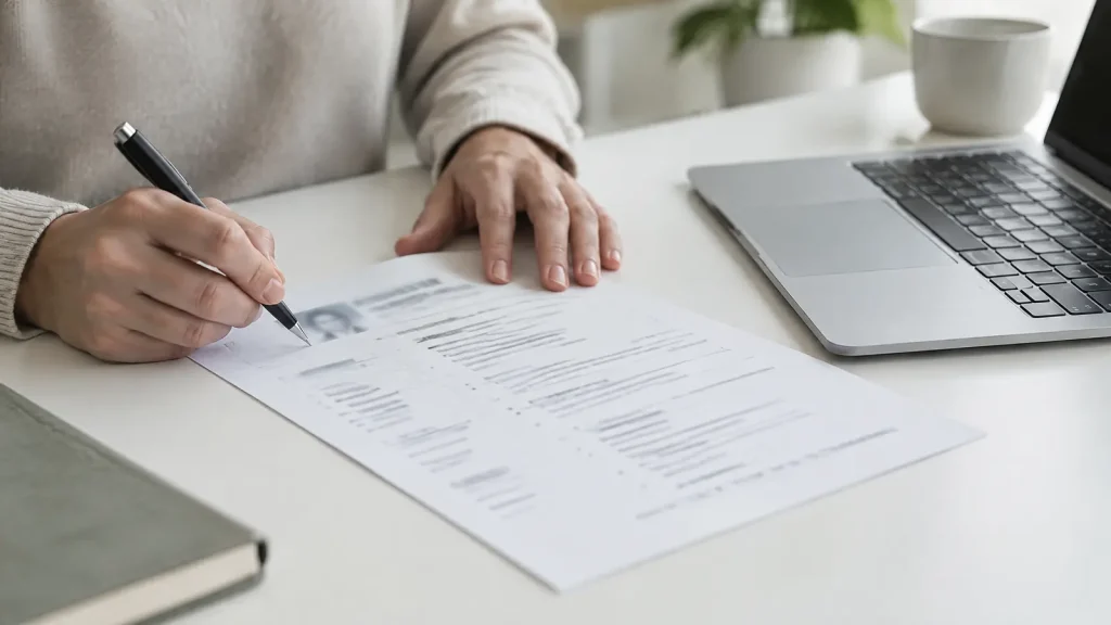 Hands editing a printed resume with a pen beside a laptop