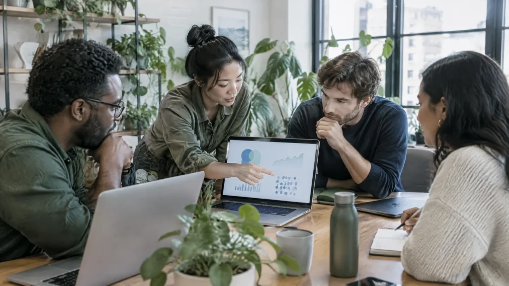 Small team collaborating on laptops in a bright office