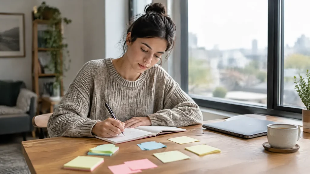 Young adult writing a career plan in a notebook at a sunny desk