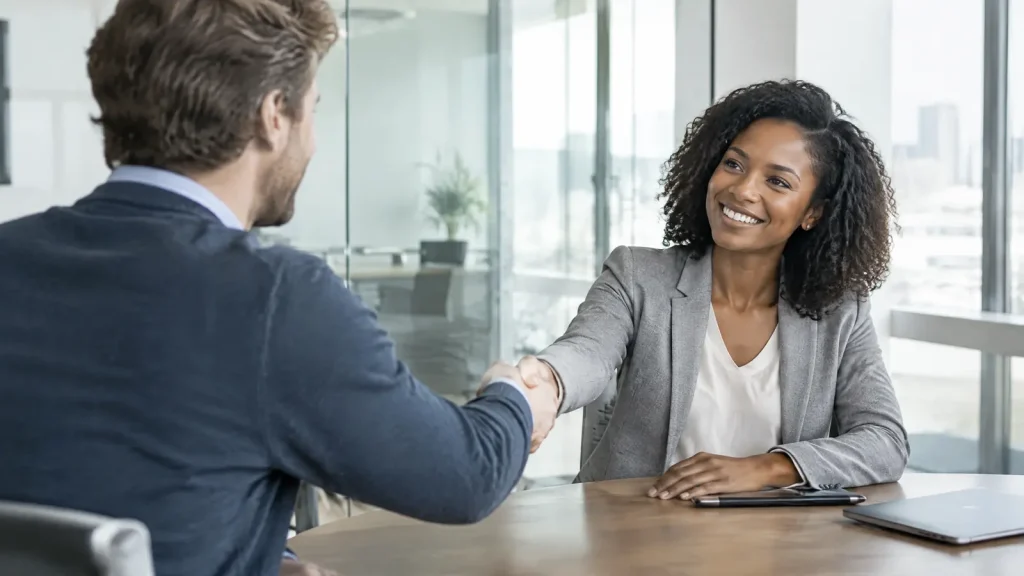 Job candidate shaking hands with an interviewer in a bright meeting room