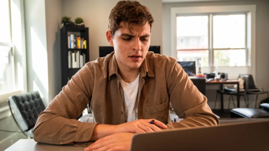 Man working on a laptop at a desk beside a bright window